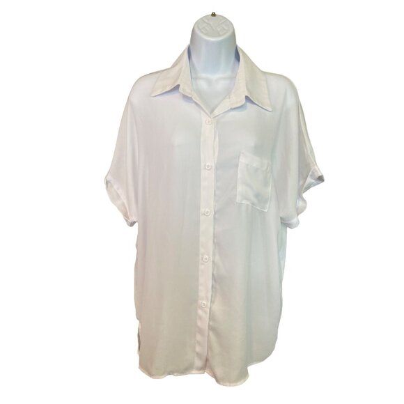 Pausus Womens Blouse XL White Button Up Short Sleeve Minimalist Corpcore - Picture 1 of 7